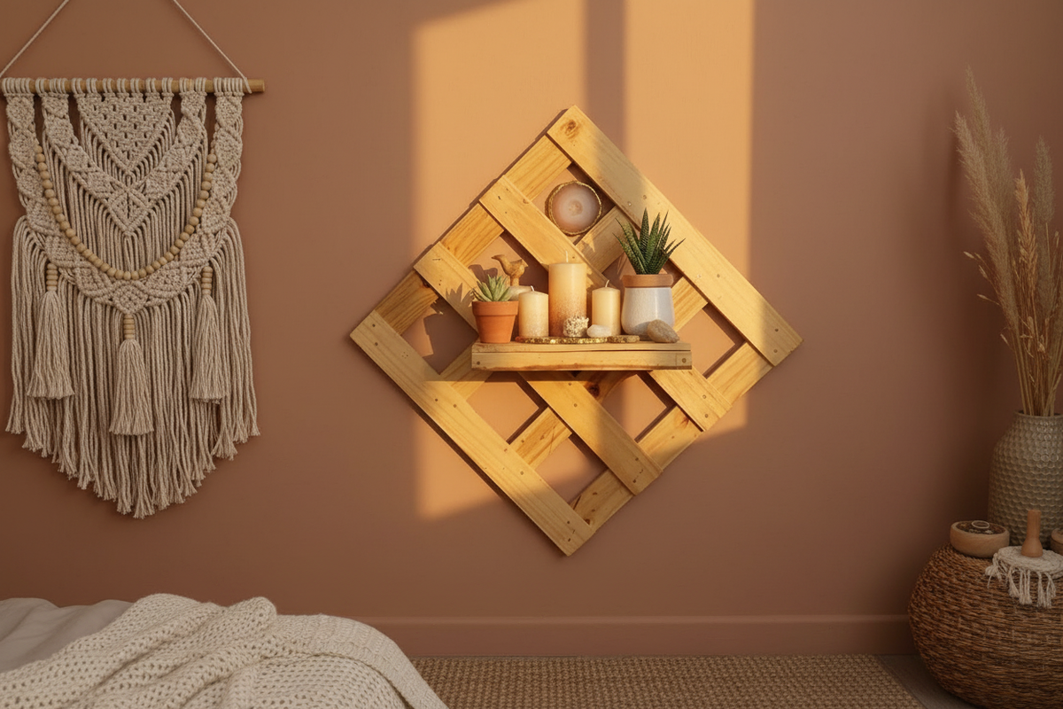 Modern Diamond Wood Lattice Wall Shelf