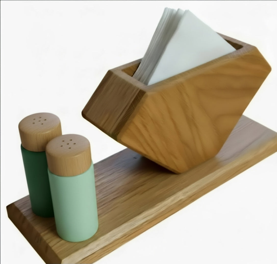 Modern wood napkin holder & salt/pepper shaker set