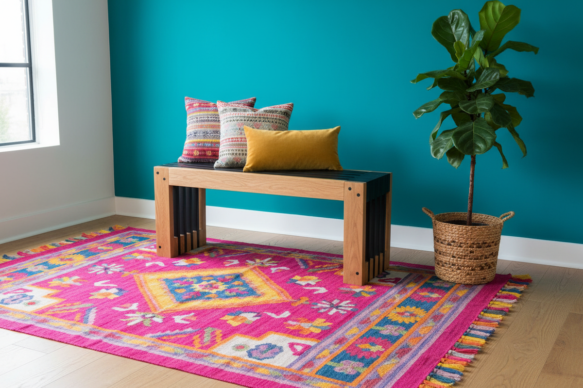 The Linea Bench - Vibrant Teal Living Room