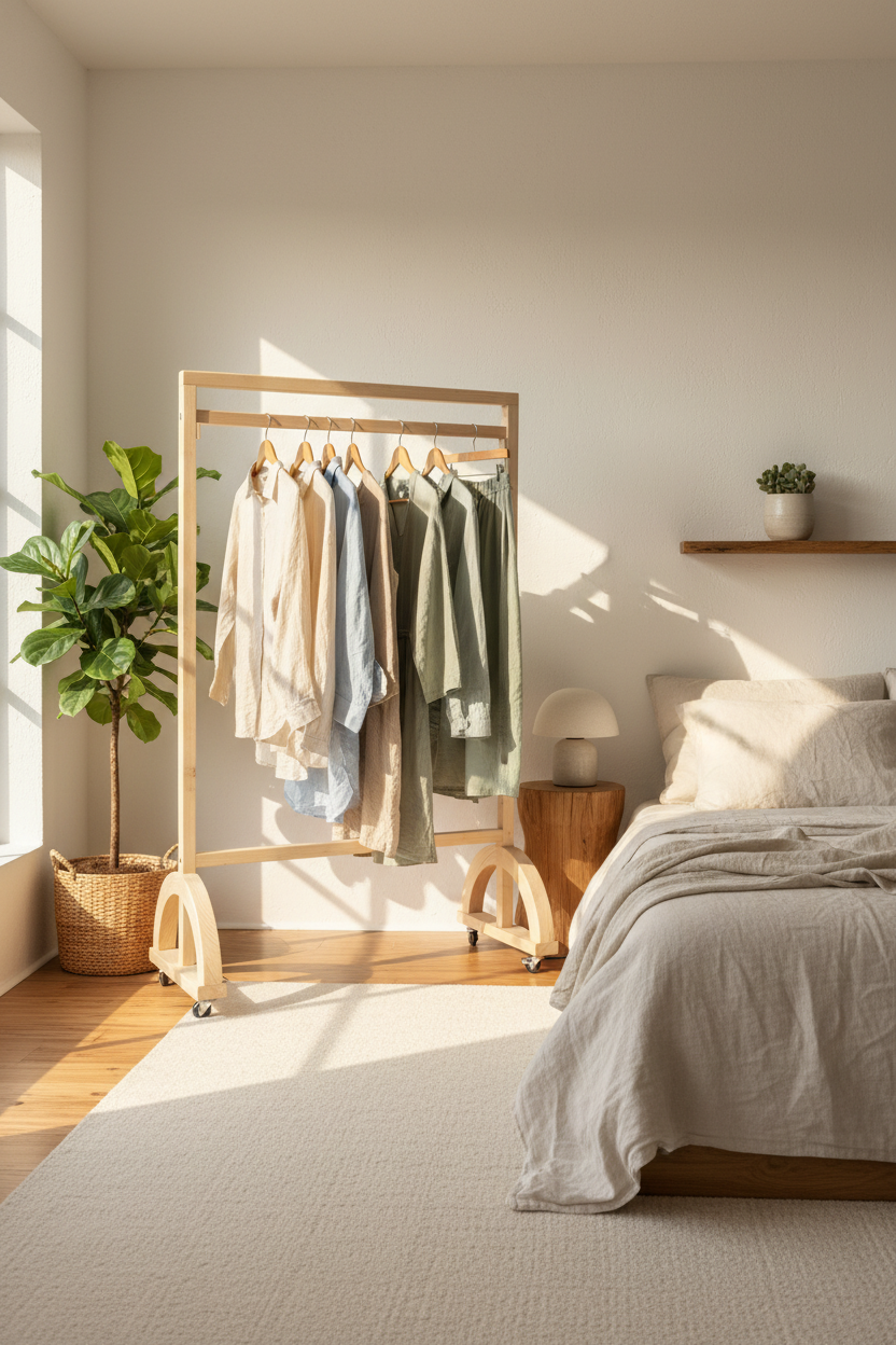 Craftline Rolling Garment Rack - Natural finish lifestyle