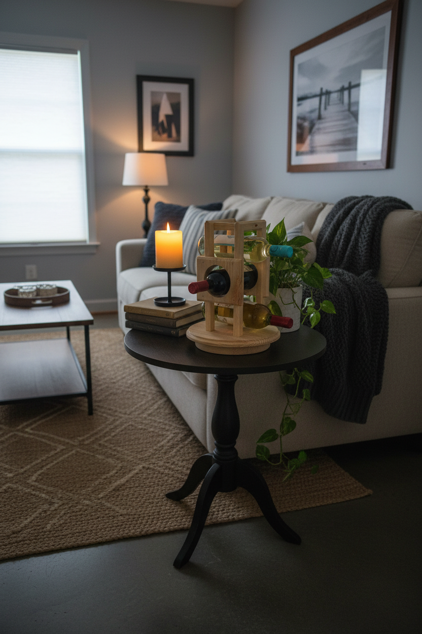 Craftline Rotating Wine Rack in a cozy living room setting