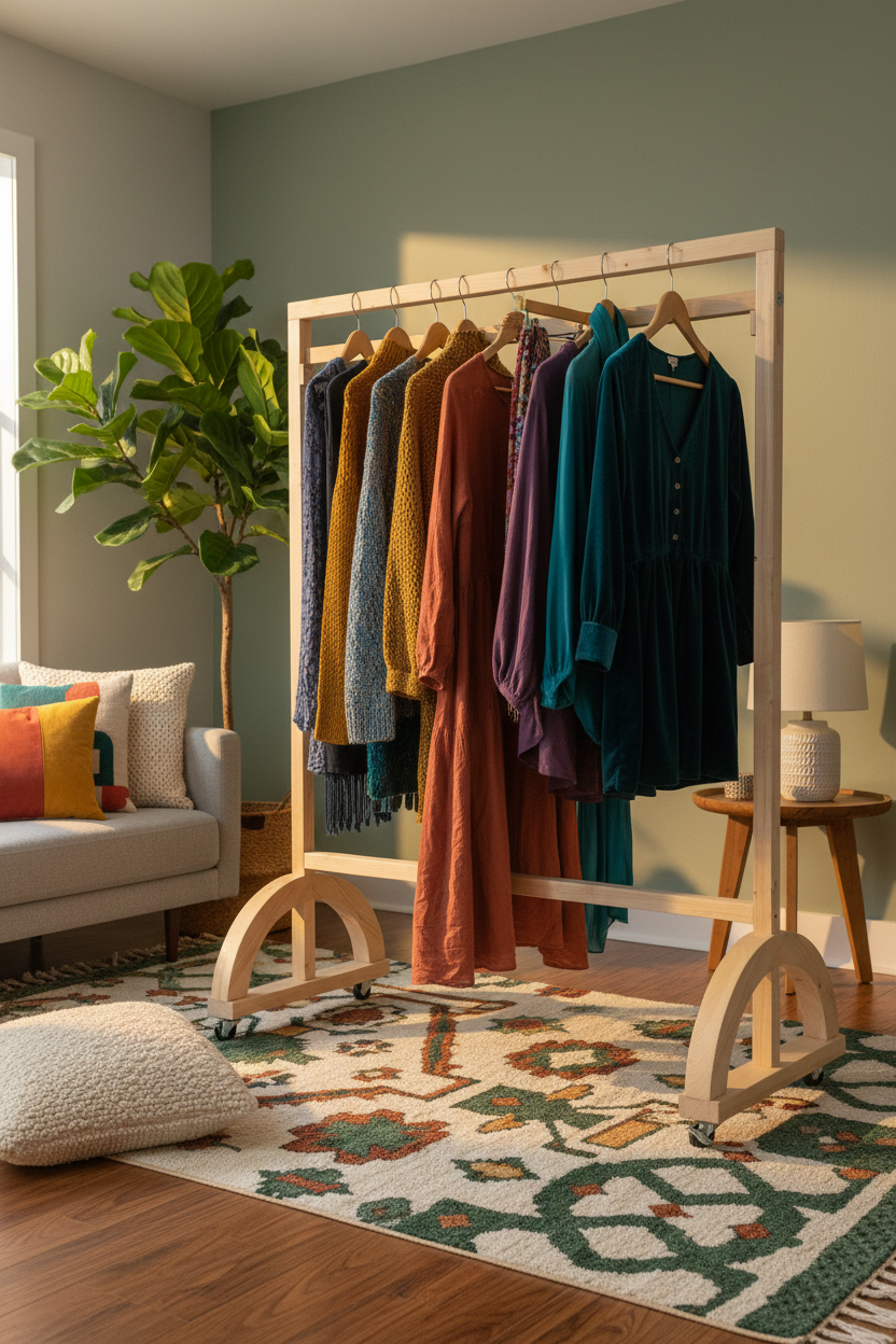 Craftline Rolling Garment Rack - Colorful lifestyle setting