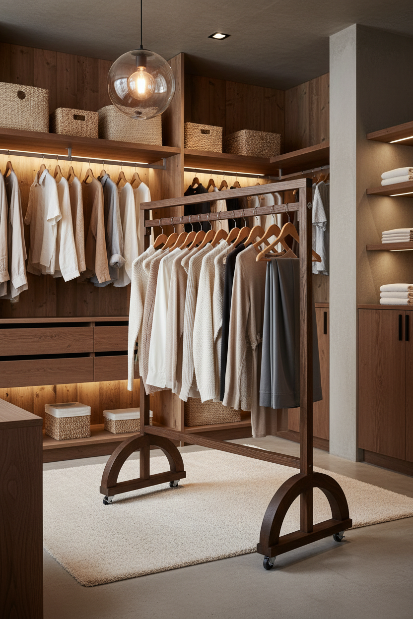 Craftline Rolling Garment Rack - Dark Oak angled lifestyle