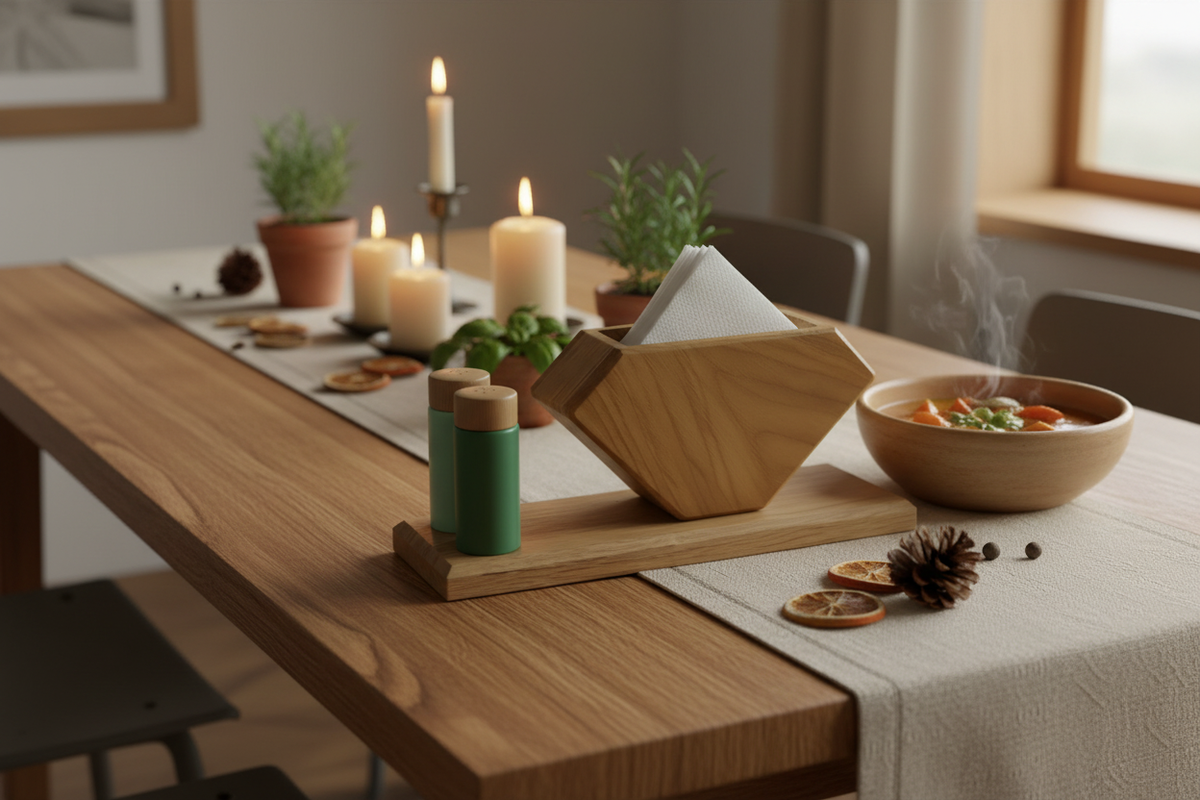 Modern wood napkin holder & salt/pepper shaker set